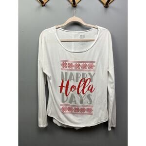 True Craft "Happy Holla Days" Crew‎ Womens L Neck Holiday LS Tee T-Shirt White